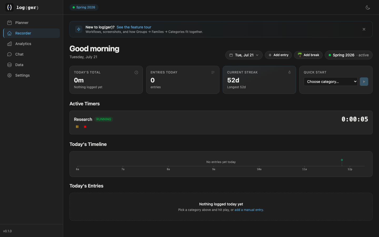 The dashboard showing the same active timer, plus the current streak