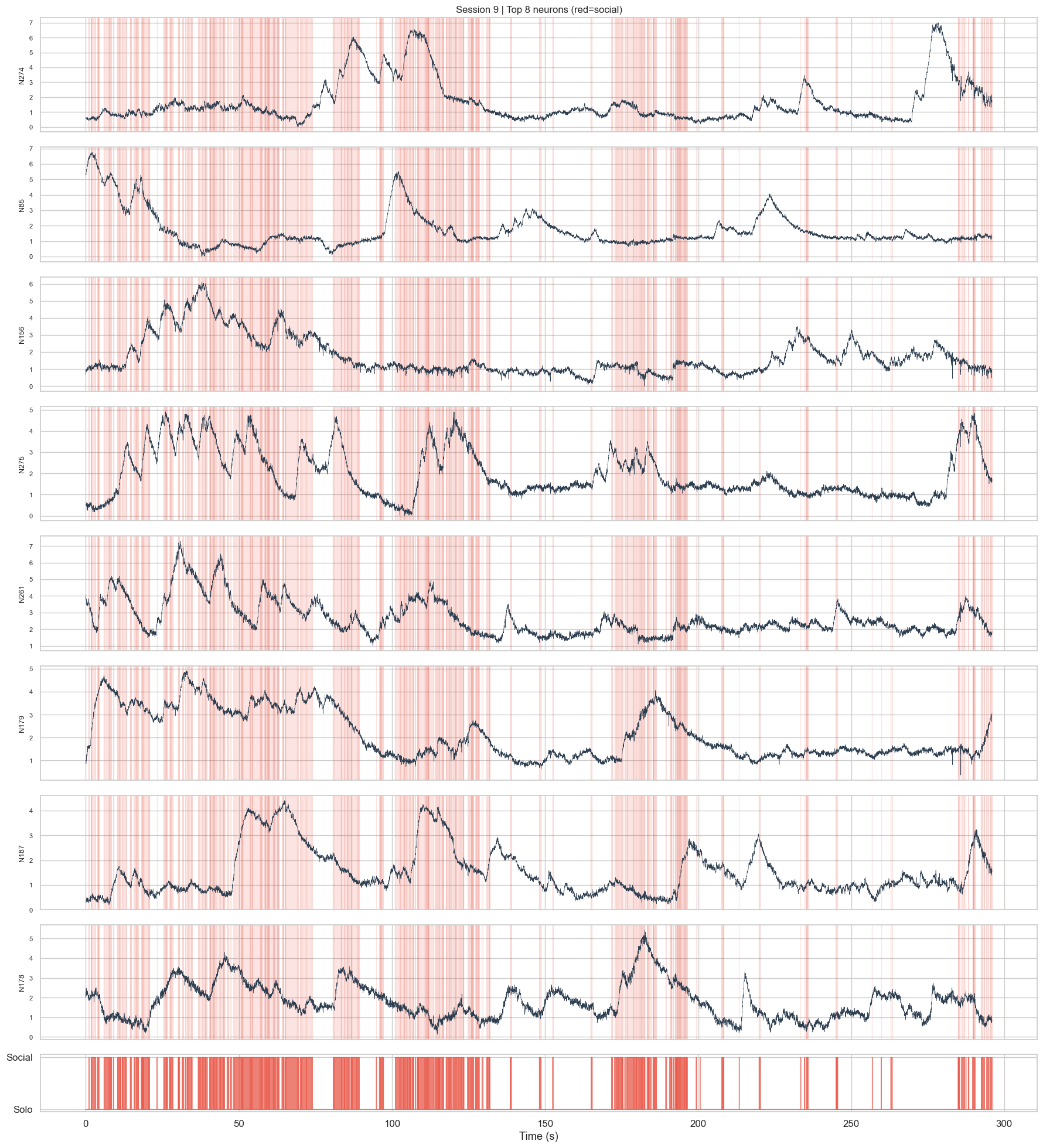 Calcium traces of top active neurons with social epoch shading
